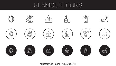 glamour icons set. Collection of glamour with mirror, perfume, comb, lipstick, high heels. Editable and scalable glamour icons.