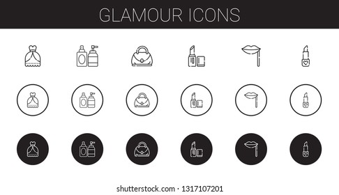 glamour icons set. Collection of glamour with wedding dress, perfume, hand bag, lipstick, lips. Editable and scalable glamour icons.