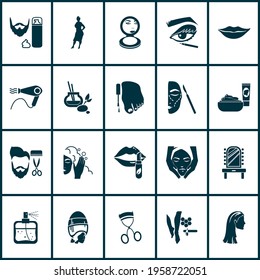 Glamour icons set with face powder, straight hair, barbershop and other female elements. Isolated vector illustration glamour icons.