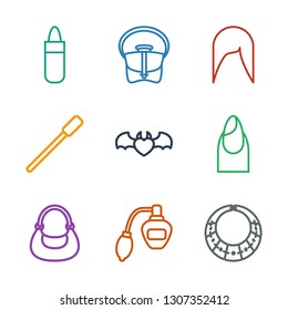 glamour icons. Trendy 9 glamour icons. Contain icons such as necklace, perfume, bag, nail, devil heart with wings, nailfile, woman hairstyle. glamour icon for web and mobile.