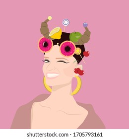 glamour illustration portrait of woman with fruits and cookies on her head