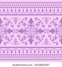 Glamour Lavender Purple Shades Embroidery Silk Weaves Hand Draw on Sweet Violet Pastel Background. Elaborate Seamless Pattern Border Scroll Ornament Vector for Luxury Decoration Opulence Exquisitely.