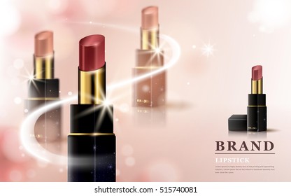 Glamour lipstick ads, 3d illustration lipstick in different color tones with sparkling effects, isolated on pink background