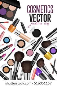 Glamour makeup banner. Vector advertising poster with beauty product seamless pattern background. Makeup cosmetics tool kit realistic composition illustration. Fashion time for makeup invitation
