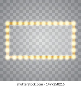 Glamour makeup blank mirror realistic with bulb light effect in wall background.Isolated vector set of mirror with bulb frame, vintage banner decoration glowing