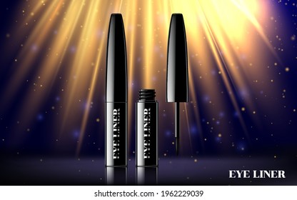 Glamour mascara ads, curling blank streamline and product package in 3d illustration