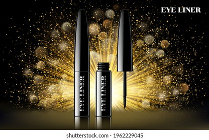 Glamour Mascara Ads, Curling Blank Streamline And Product Package In 3d Poster Illustration Gold Background.