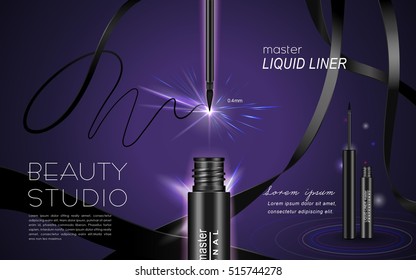 Glamour mascara ads, curling blank streamline and product package in 3d illustration