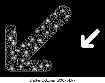 Glamour mesh vector arrow down left with glare effect. White mesh, glare spots on a black background with arrow down left icon. Mesh and glare elements are placed on different layers.