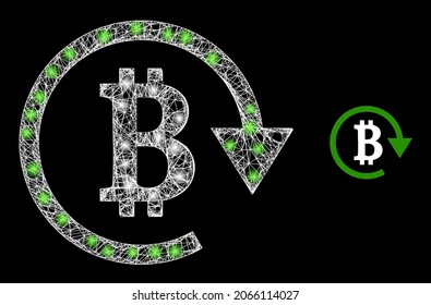 Glamour mesh vector bitcoin repay with glare effect. White mesh, glare spots on a black background with bitcoin repay icon. Mesh and glare elements are placed on different layers.