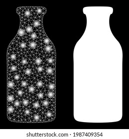 Glamour mesh vector bottle with glow effect. White mesh, flash spots on a black background with bottle icon. Mesh and glowing elements are placed on different layers.