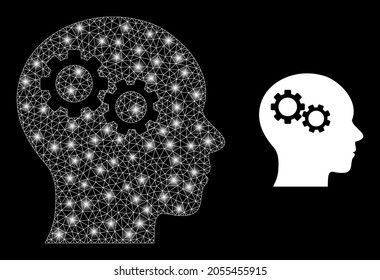 Glamour mesh vector brain gears with glare effect. White mesh, glare spots on a black background with brain gears icon. Mesh and glowing elements are placed on different layers.