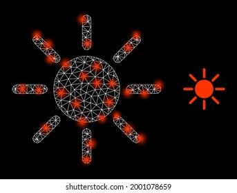 Glamour mesh vector brightness with glow effect. White mesh, glare spots on a black background with brightness icon. Mesh and glare elements are placed on different layers.