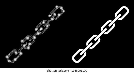 Glamour mesh vector chain with glare effect. White mesh, light spots on a black background with chain icon. Mesh and glare elements are placed on different layers.