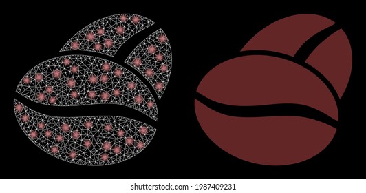 Malla de glamur vectorial frijol de café con efecto de resplandor. Malla blanca, manchas brillantes sobre un fondo negro con icono de judías de café. Los elementos de malla y resplandor se colocan en diferentes capas.