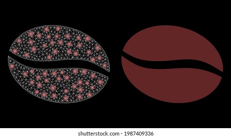 Malla de glamur vectorial frijol de café con efecto de resplandor. Malla blanca, manchas brillantes sobre un fondo negro con icono de judías de café. Los elementos de malla y resplandor se colocan en diferentes capas.