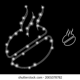 Glamour mesh vector coffee smell with glow effect. White mesh, bright spots on a black background with coffee smell icon. Mesh and glowing elements are placed on different layers.