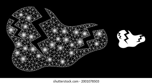 Glamour mesh vector crack with glare effect. White mesh, bright spots on a black background with crack icon. Mesh and glare elements are placed on different layers.