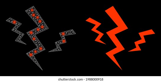 Glamour mesh vector crack strikes with glare effect. White mesh, glare spots on a black background with crack strikes icon. Mesh and glare elements are placed on different layers.