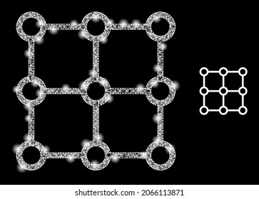 Glamour mesh vector crystal grid centers with glare effect. White mesh, glare spots on a black background with crystal grid centers icon. Mesh and glare elements are placed on different layers.