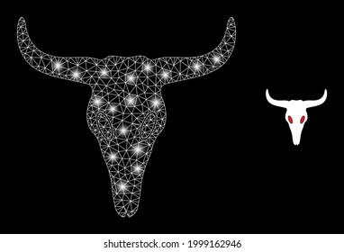 Glamour mesh vector dead bull head with glare effect. White mesh, bright spots on a black background with dead bull head icon. Mesh and lightspot elements are placed on different layers.