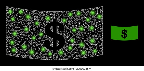 Glamour mesh vector dollar banknote with glare effect. White mesh, glare spots on a black background with dollar banknote icon. Mesh and glare elements are placed on different layers.