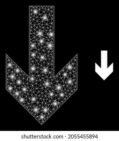 Glamour mesh vector down arrow direction with glare effect. White mesh, glare spots on a black background with down arrow direction icon. Mesh and glare elements are placed on different layers.
