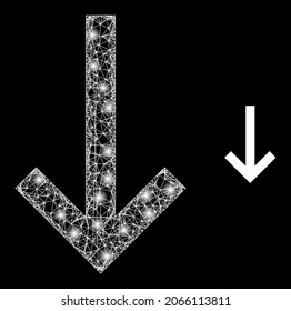 Glamour mesh vector down arrow with glare effect. White mesh, bright spots on a black background with down arrow icon. Mesh and glare elements are placed on different layers.