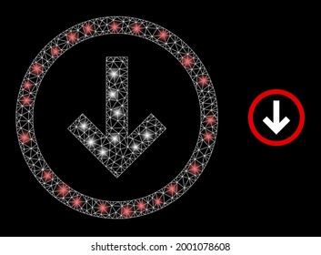 Glamour mesh vector drop down with glare effect. White mesh, glare spots on a black background with drop down icon. Mesh and lightspot elements are placed on different layers.