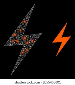 Glamour mesh vector electrical hazard with glare effect. White mesh, glare spots on a black background with electrical hazard icon. Mesh and glare elements are placed on different layers.