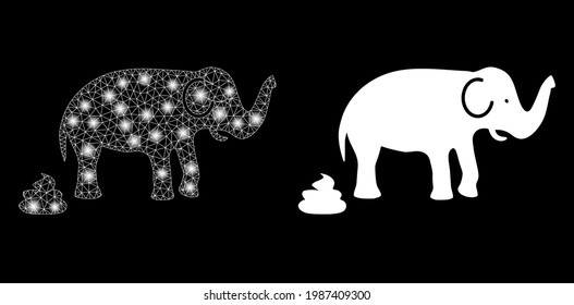 Glamour mesh vector elephant shit with glare effect. White mesh, glare spots on a black background with elephant shit icon. Mesh and glare elements are placed on different layers.