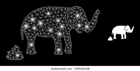 Glamour mesh vector elephant shit with glare effect. White mesh, bright spots on a black background with elephant shit icon. Mesh and glare elements are placed on different layers.