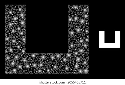 Glamour mesh vector empty box with glare effect. White mesh, bright spots on a black background with empty box icon. Mesh and glare elements are placed on different layers.