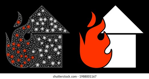 El vector de malla del glamur alimentó la casa con efecto de resplandor. Malla blanca, manchas brillantes en un fondo negro con icono de la casa disparada. Los elementos de malla y resplandor se colocan en diferentes capas.