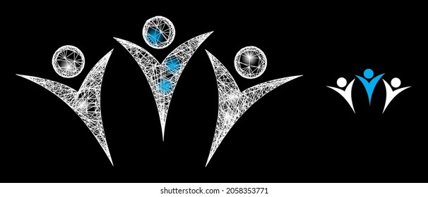Amigos vectoriales de malla de glamur con efecto de resplandor. Malla blanca, manchas relámpago sobre un fondo negro con un icono de amigos. Los elementos de malla y resplandor se colocan en diferentes capas.