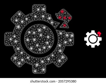 Glamour mesh vector gear break with glare effect. White mesh, light spots on a black background with gear break icon. Mesh and glare elements are placed on different layers.