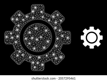 Glamour mesh vector gear with glare effect. White mesh, bright spots on a black background with gear icon. Mesh and glare elements are placed on different layers.