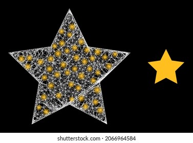 Glamour mesh vector gold star with glare effect. White mesh, bright spots on a black background with gold star icon. Mesh and glowing elements are placed on different layers.