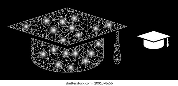 Glamour mesh vector graduation cap with glare effect. White mesh, bright spots on a black background with graduation cap icon. Mesh and glare elements are placed on different layers.