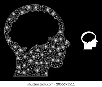 Glamour mesh vector head brain with glare effect. White mesh, light spots on a black background with head brain icon. Mesh and glare elements are placed on different layers.