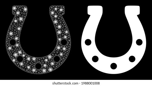 Glamour mesh vector horseshoe with glow effect. White mesh, bright spots on a black background with horseshoe icon. Mesh and lightspot elements are placed on different layers.
