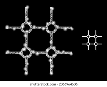 Cuadrícula cuadrada incompleta del vector de malla de glamur con efecto de resplandor. Malla blanca, puntos brillantes sobre un fondo negro con un icono de cuadrícula cuadrada incompleto. Los elementos de malla y resplandor se colocan en diferentes capas.