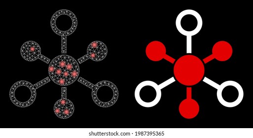 Glamour-Mesh-Vektorknoten mit glatter Wirkung. Weiße Masche, helle Flecken auf schwarzem Hintergrund mit Internet-Nodes-Symbol. Mesh- und Glanzelemente werden auf verschiedene Ebenen platziert.
