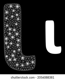 Glamour mesh vector Iota Greek lowercase symbol with glare effect. White mesh, glare spots on a black background with Iota Greek lowercase symbol icon.