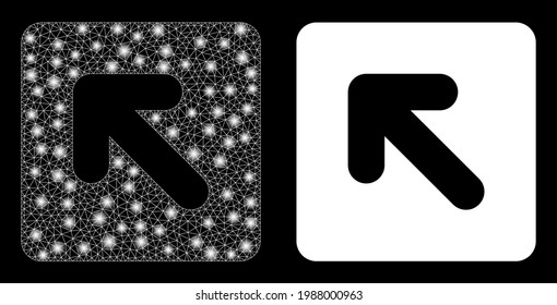 Glamour mesh vector left up direction with glare effect. White mesh, light spots on a black background with left up direction icon. Mesh and glare elements are placed on different layers.