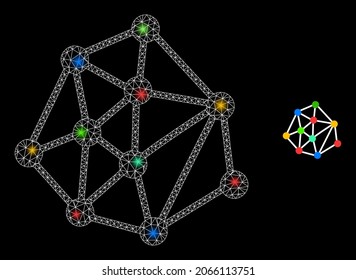 Glamour mesh vector mesh links with glare effect. White mesh, light spots on a black background with web links icon. Mesh and glare elements are placed on different layers.