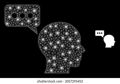 Glamour mesh vector man opinion with glare effect. White mesh, glare spots on a black background with man opinion icon. Mesh and glare elements are placed on different layers.