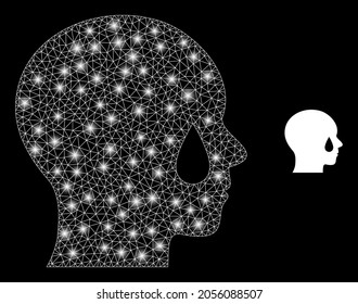 Glamour mesh vector man tear with glare effect. White mesh, glare spots on a black background with man tear icon. Mesh and lightspot elements are placed on different layers.