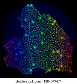 Glamour mesh vector map of Drenthe Province with glare effect. Light spots have bright spectrum colors. Abstract lines, triangles, light spots on a dark background with map of Drenthe Province.