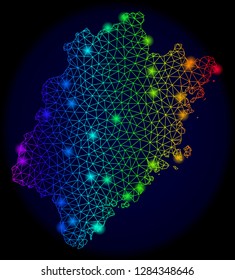 Glamour mesh vector map of Fujian Province with glare effect. Light spots have bright rainbow colors. Abstract lines, triangles, light spots on a dark background with map of Fujian Province.